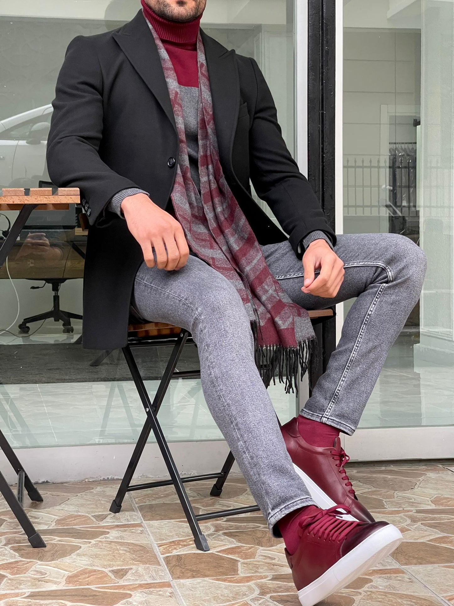 Viena Black Slim Fit Wool Long Coat