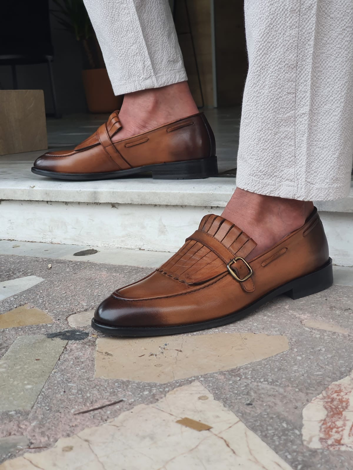 Bristol Tan Buckle Detailed Leather Loafers