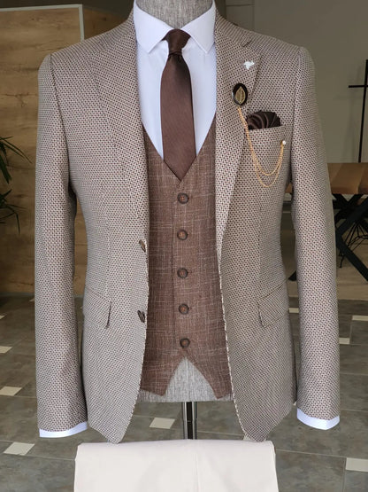 Acacia Beige Slim Fit Notch Lapel Suit - Three-Piece Elegance BOJONI