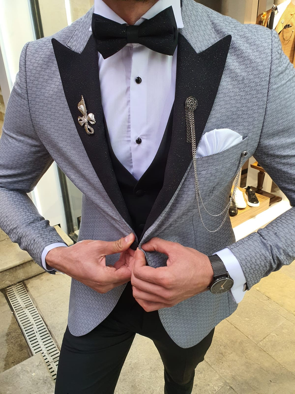 VillaNova Gray Slim Fit Patterned Tuxedo