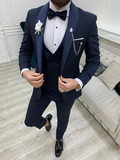 Avion Navy Blue Slim Fit Shawl Lapel Tuxedo