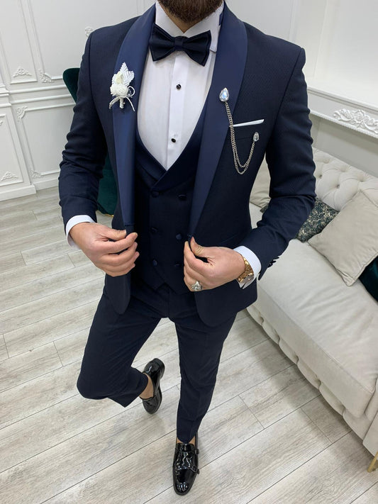 Avion Navy Blue Slim Fit Shawl Lapel Tuxedo