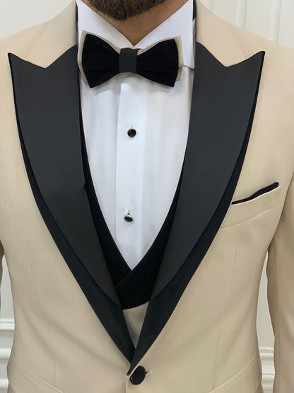 Marbel Beige Slim Fit Velvet Peak Lapel Tuxedo