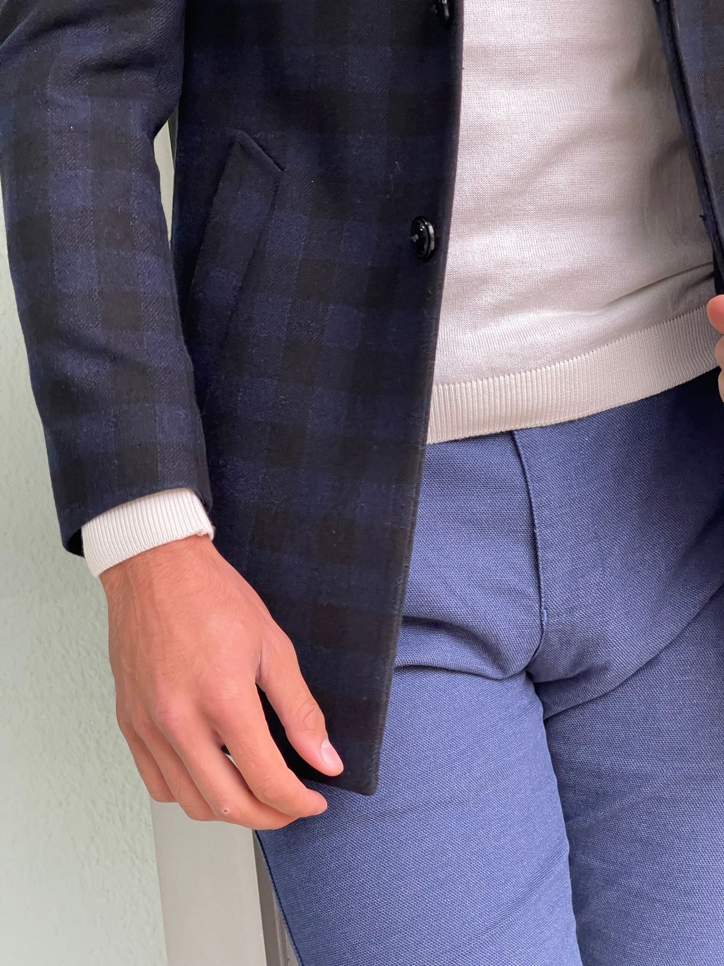 Melbourne Navy Blue Slim Fit Plaid Wool Long Coat