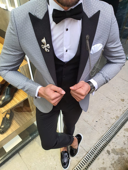VillaNova Gray Slim Fit Patterned Tuxedo