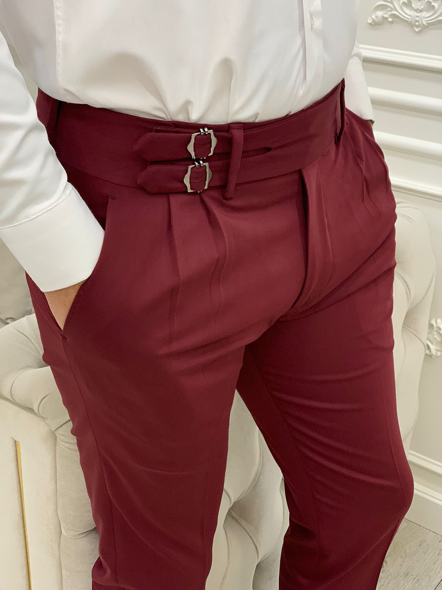 Burgundy Buckled Canvas Trousers for Every Occasion