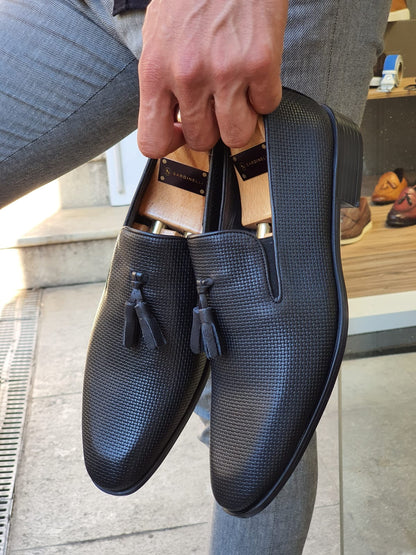 Fort Worth Black Patterned Tassel Loafer - Elegant Leather Shoes for Every Occasion