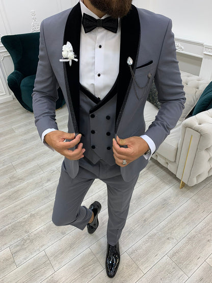 Acacia Gray Slim Fit Velvet Shawl Lapel Tuxedo