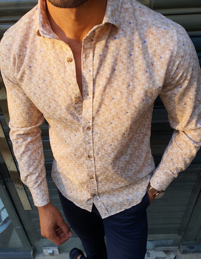 Brabion Stefano Beige Patterned Slim-Fit Cotton Shirt