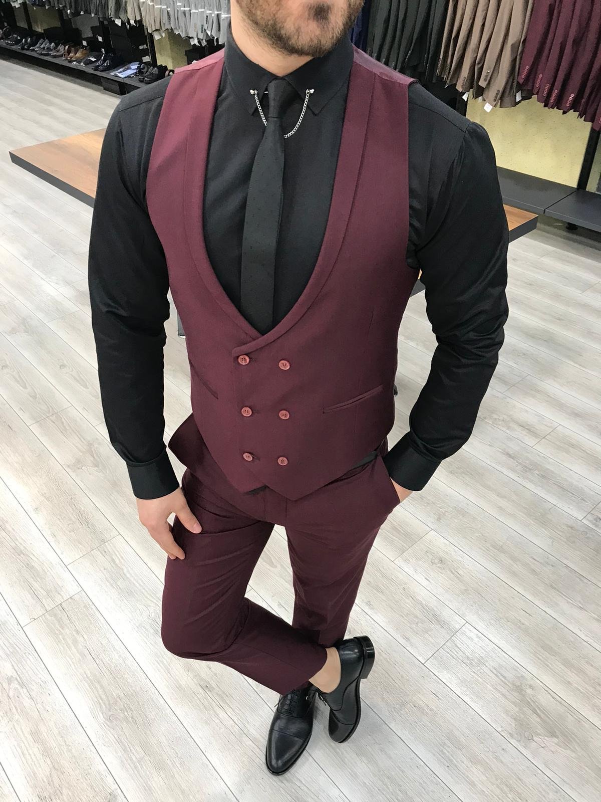 Louis Slim Fit Burgundy Crystal Suit