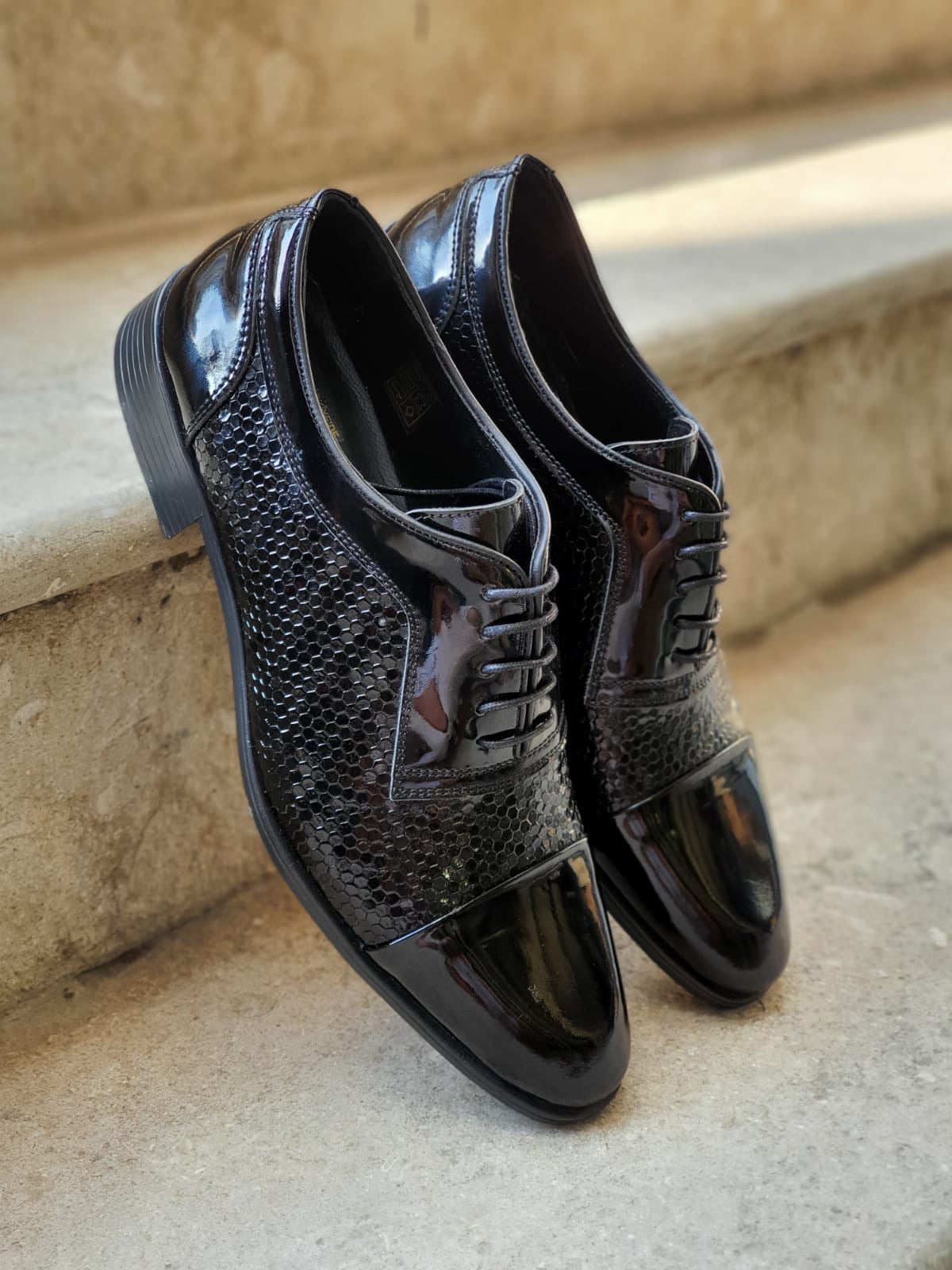 Henderson Black Wholecut Derbies - Navy Blue Patent Leather Elegance