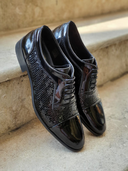 Henderson Black Wholecut Derbies - Navy Blue Patent Leather Elegance