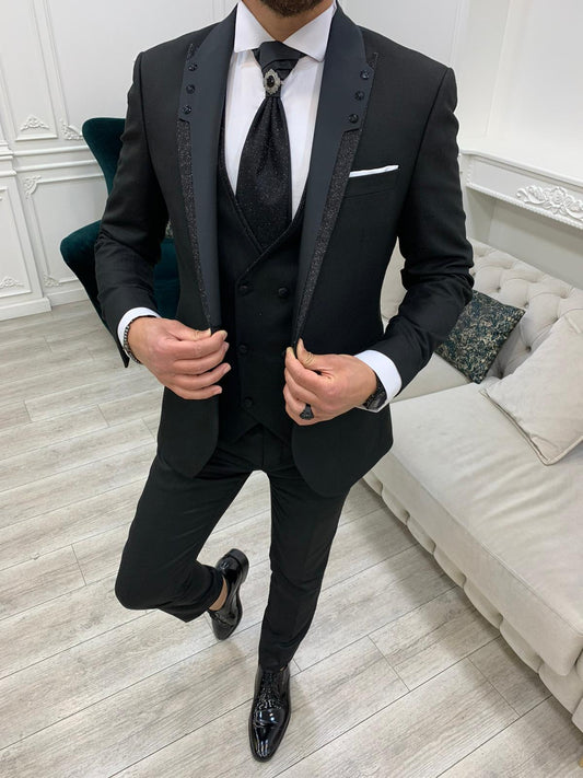 Forte Black Slim Fit Glitter Peak Lapel Wedding Suit