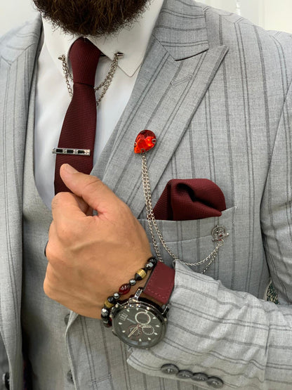 Lambrusco Dark Gray Slim Fit Peak Lapel Striped Suit