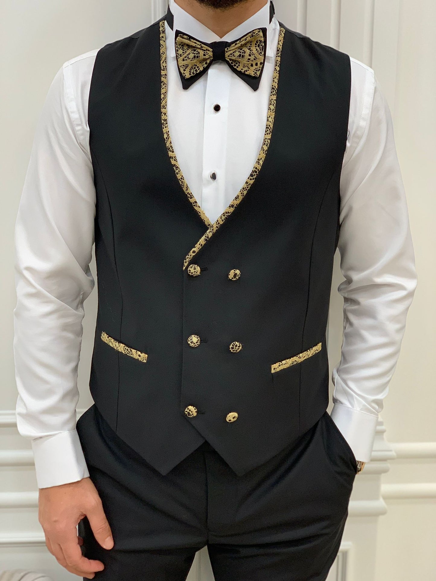 Caesar Golden Slim Fit Peak Lapel Floral Patterned Tuxedo