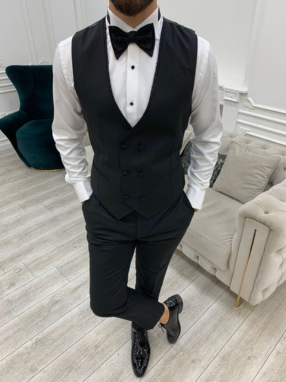 Caesar Black Slim Fit Peak Lapel Floral Patterned Tuxedo