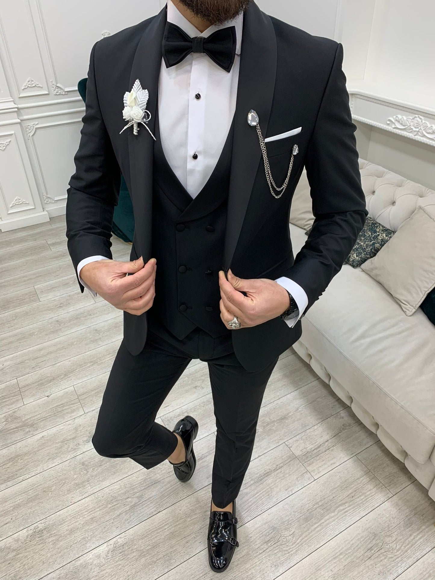 Avion Black Slim Fit Shawl Lapel Tuxedo: The Pinnacle of Formal Elegance