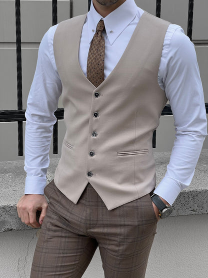 Stefano Slim Fit Beige Woolen Vest - Effortless Elegance