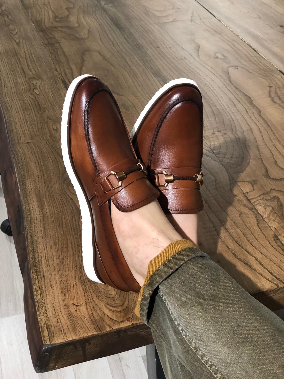 Heritage Buckle Detail Tan Loafers