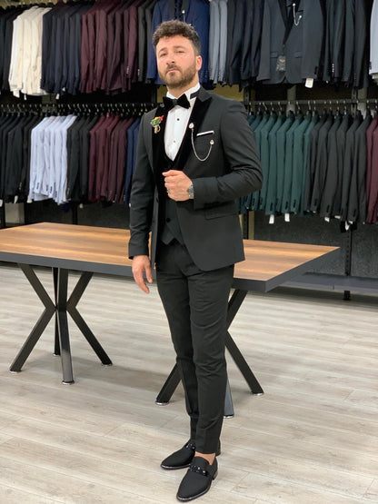 Wilson Black Slim Fit Velvet Peak Lapel Tuxedo