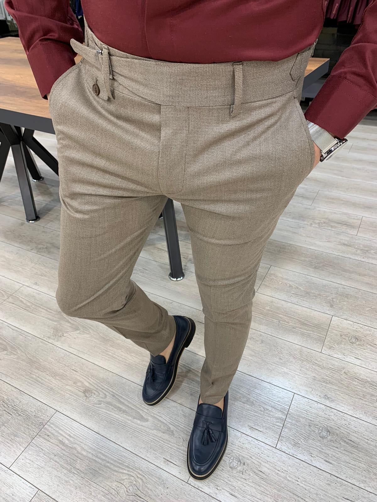 Jake Light Brown Pleated Buckled Slim Pants