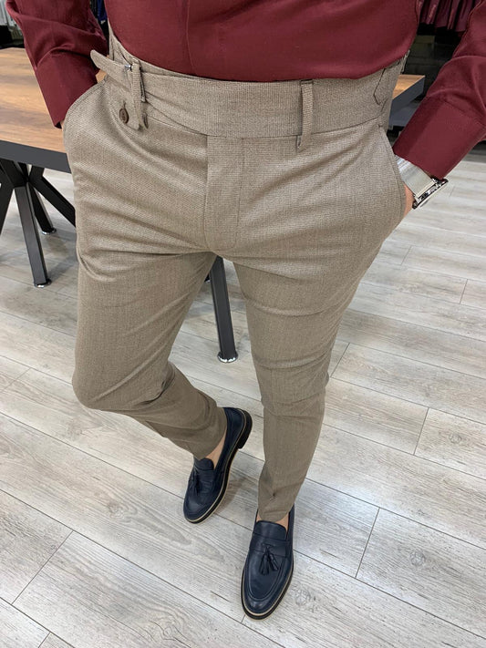 Jake Light Brown Pleated Buckled Slim Pants