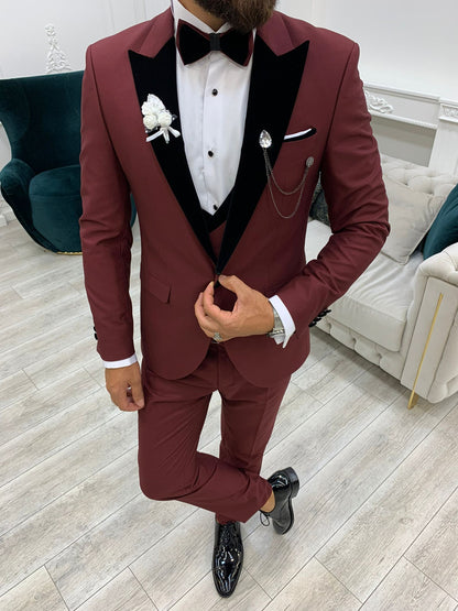 Acacia Burgundy Slim Fit Velvet Peak Lapel Tuxedo