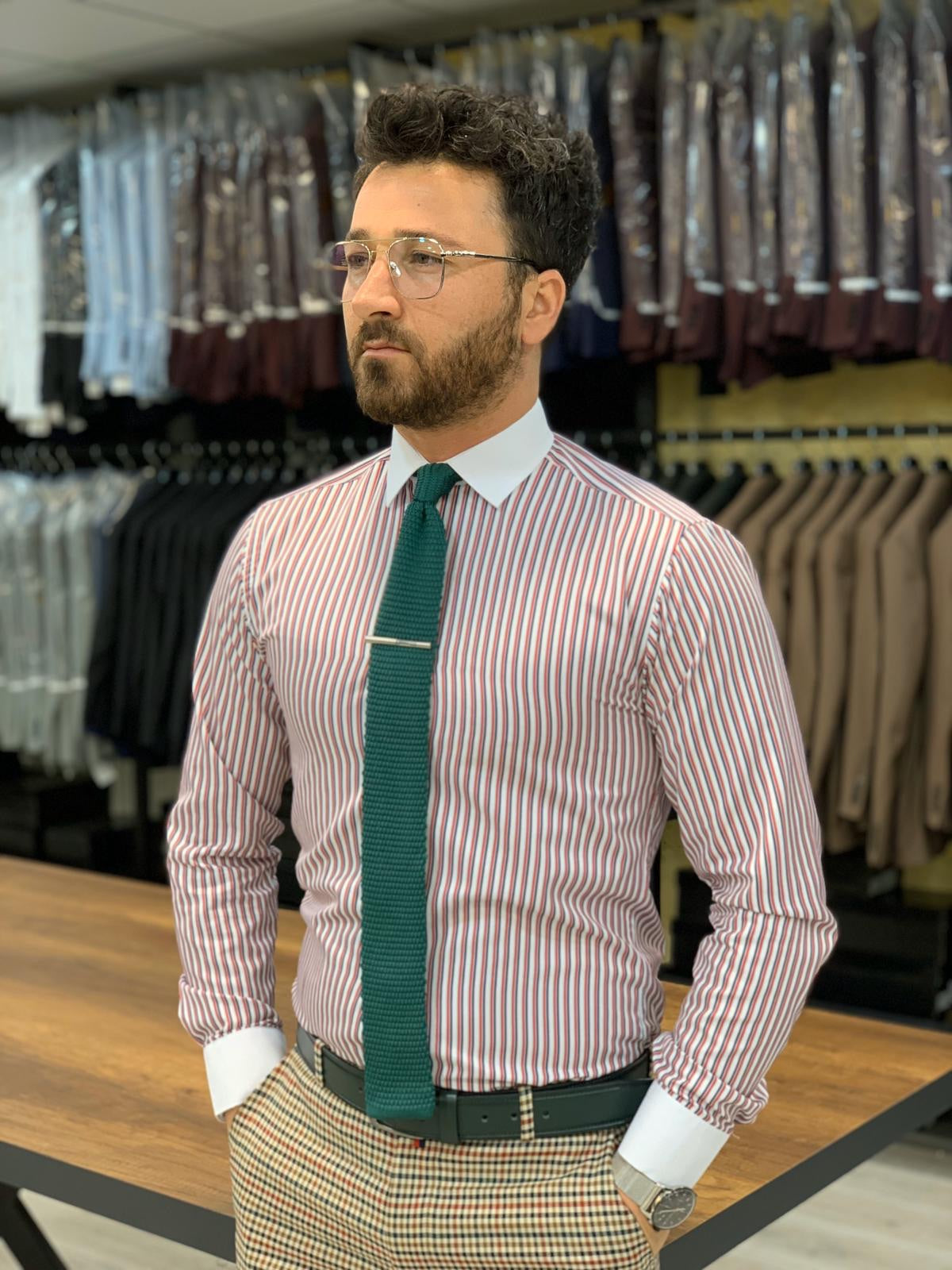 Jake Claret Red Striped Slim Fit Shirt