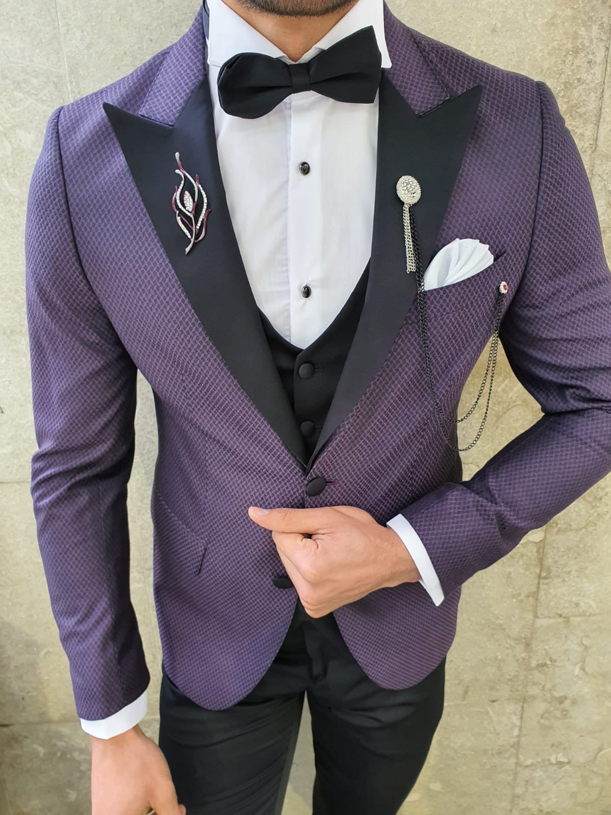 VillaNova Purple Slim Fit Patterned Tuxedo