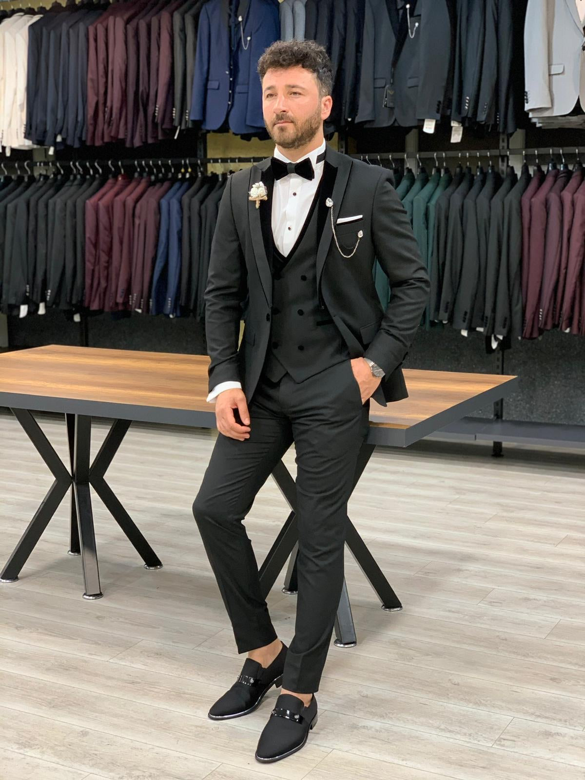 Wilson Black Slim Fit Velvet Peak Lapel Tuxedo: Timeless Elegance for Formal Occasions