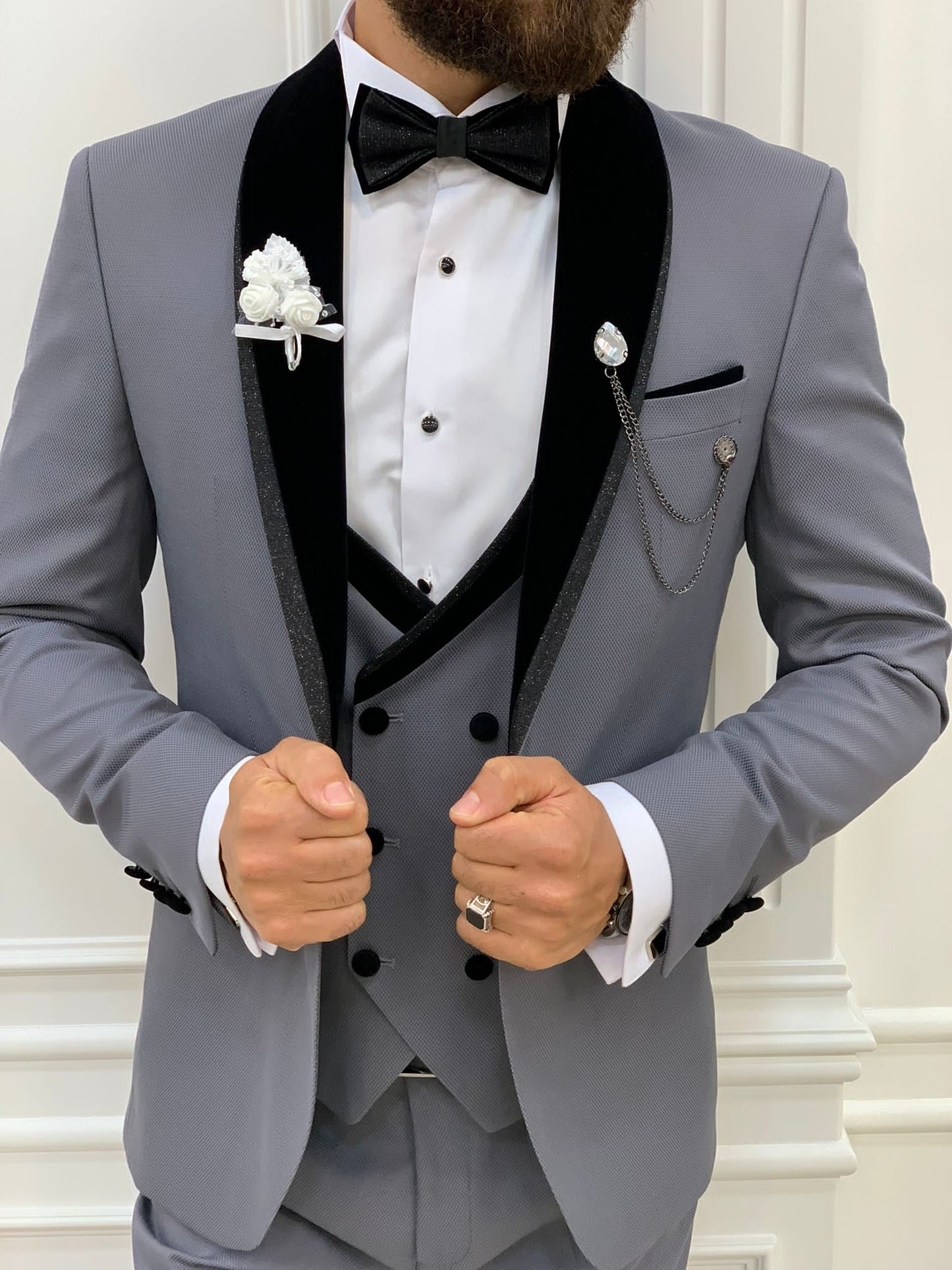 Acacia Gray Slim Fit Velvet Shawl Lapel Tuxedo