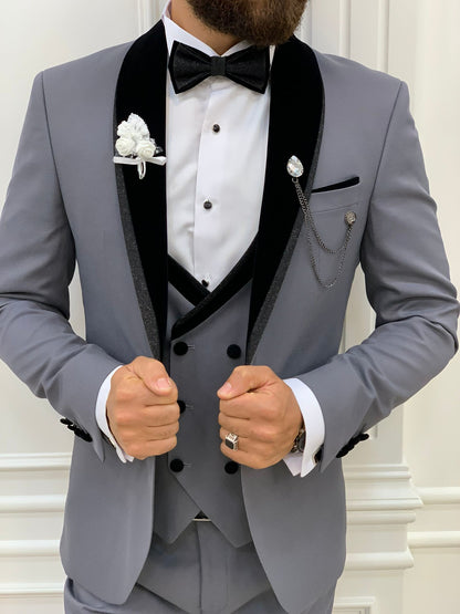 Acacia Gray Slim Fit Velvet Shawl Lapel Tuxedo