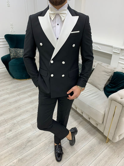 Paris White Black Slim Fit Double Breasted Tuxedo