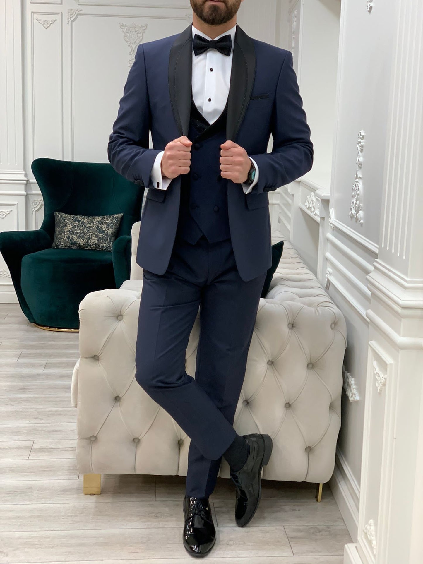 Eden Navy Blue Slim Fit Glitter Shawl Lapel Tuxedo