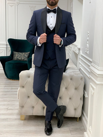Eden Navy Blue Slim Fit Glitter Shawl Lapel Tuxedo