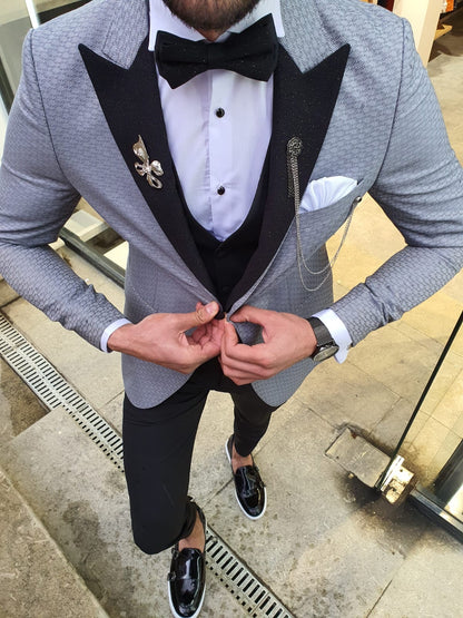 VillaNova Gray Slim Fit Patterned Tuxedo