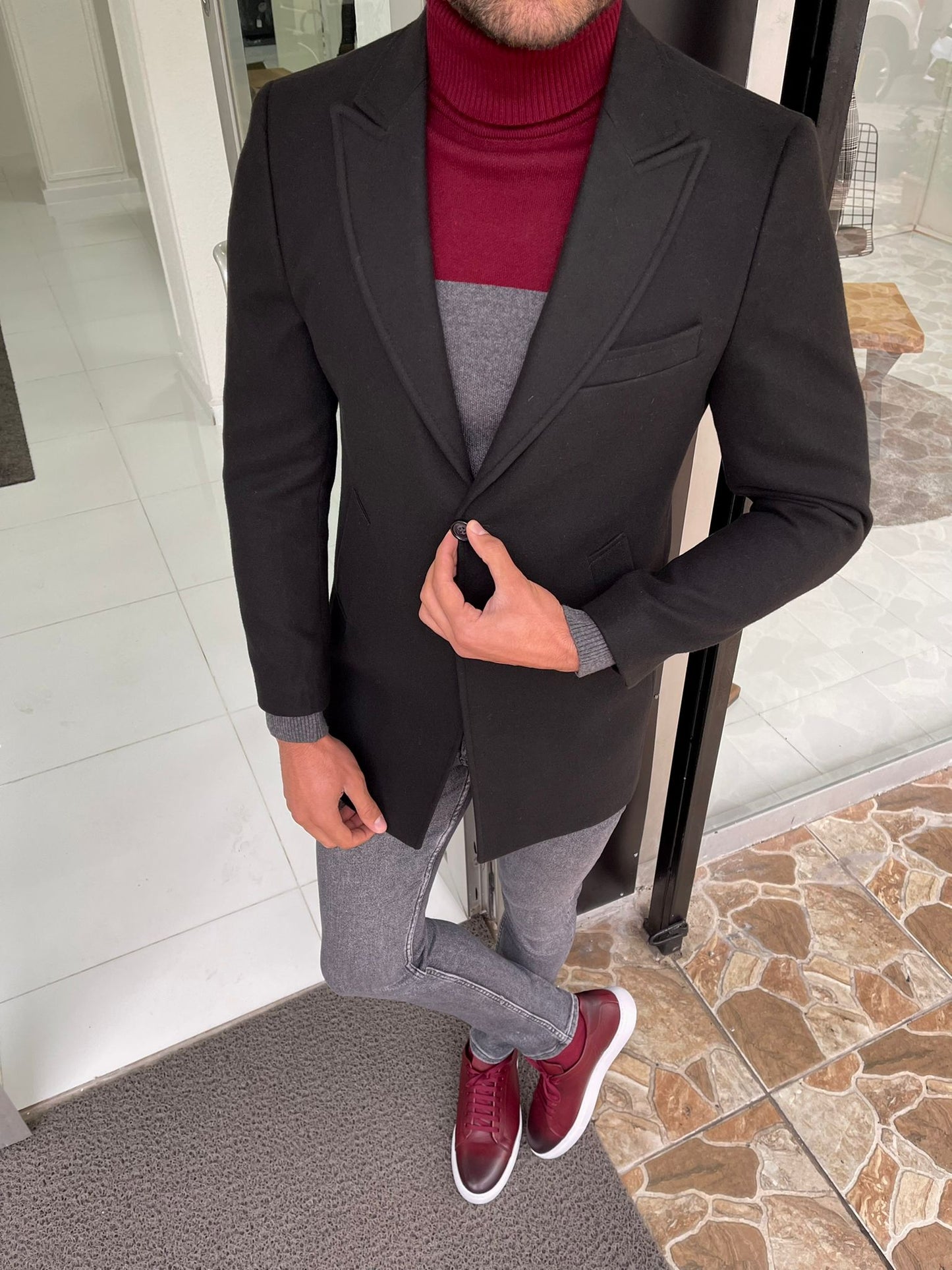 Viena Black Slim Fit Wool Long Coat