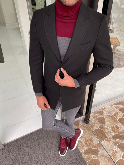 Viena Black Slim Fit Wool Long Coat