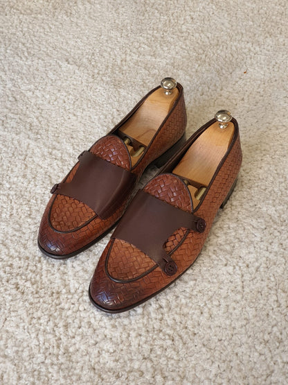 Bristol Tan Woven Leather Double Monk Strap Loafers