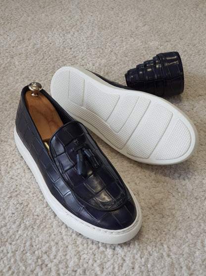 Berton Navy Blue Tassel Loafers: Sophisticated Elegance