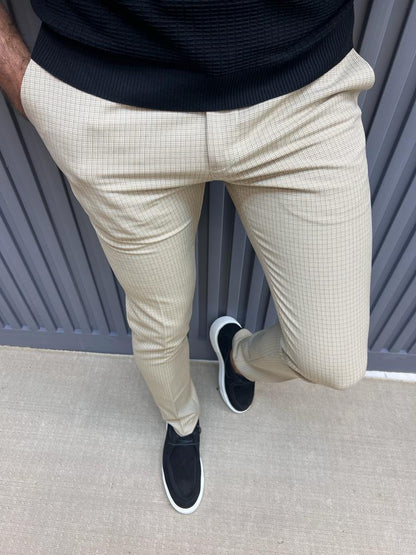 Sorento Beige Slim Fit Plaid Cotton Pants