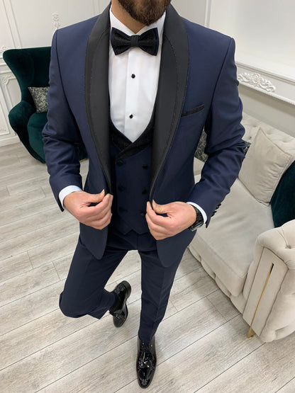 Eden Navy Blue Slim Fit Glitter Shawl Lapel Tuxedo