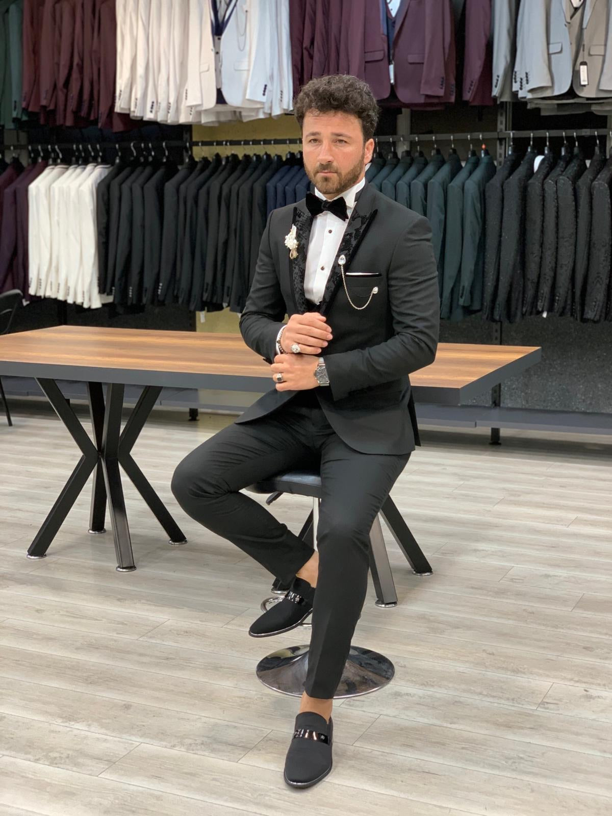 Genova Black Slim Fit Peak Lapel Tuxedo for Elegant Occasions