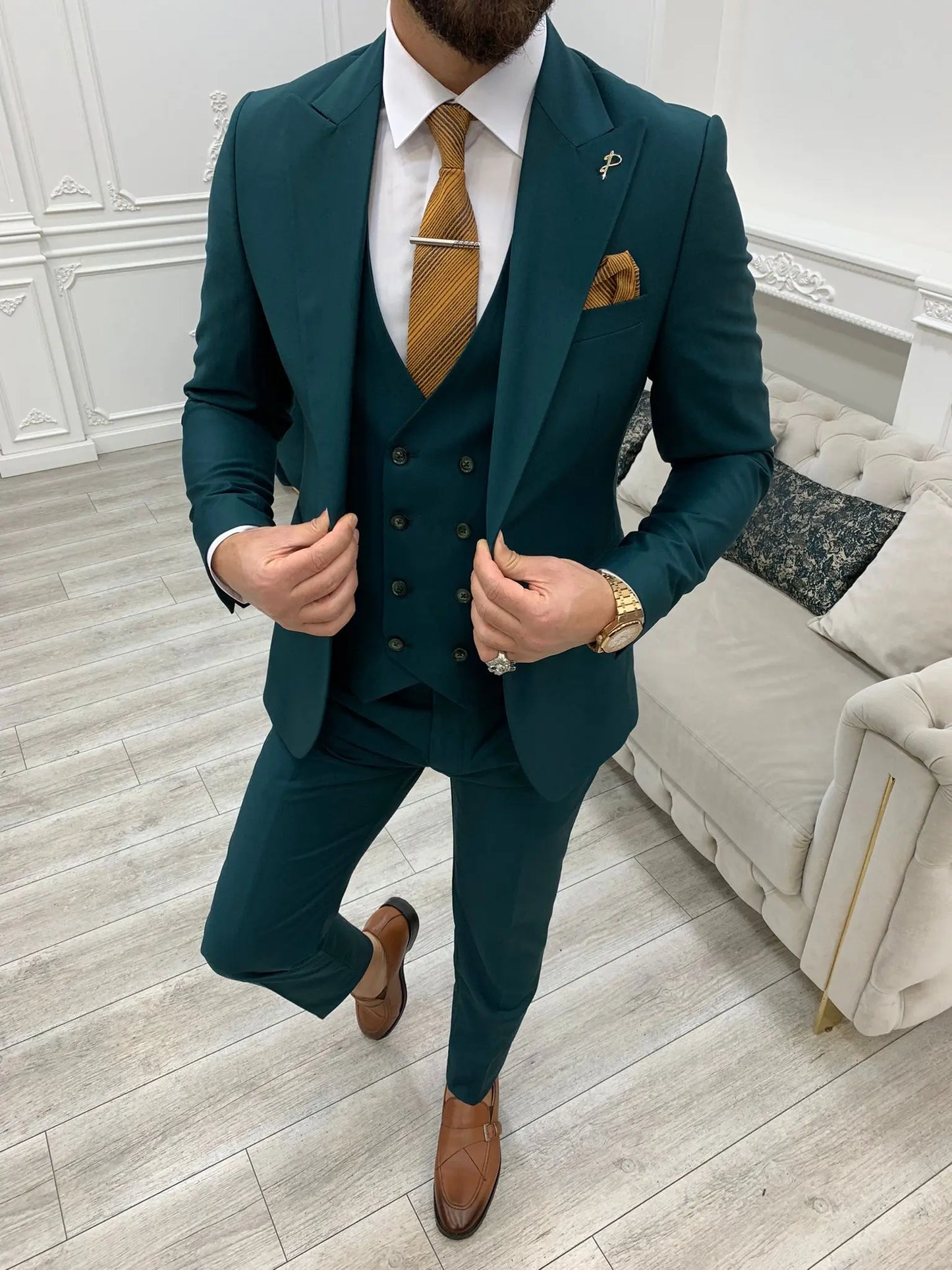 Amato Green Slim Fit Peak Lapel Suit - Versatile Three-Piece Elegance brabion