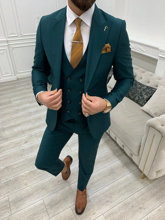 Amato Green Slim Fit Peak Lapel Suit - Versatile Three-Piece Elegance brabion