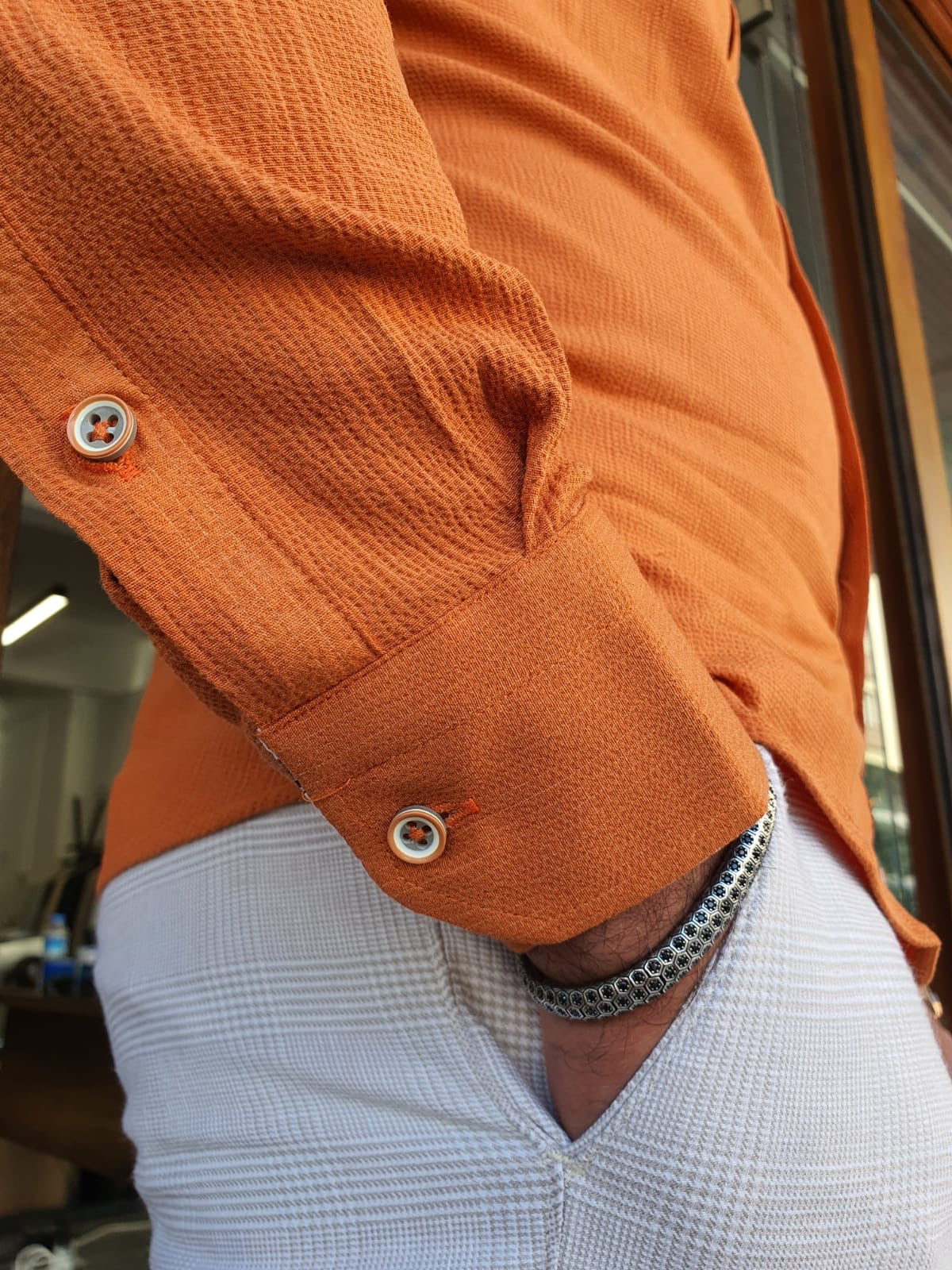 Brabion Aron Orange Slim Fit Long Sleeve Cotton Shirt