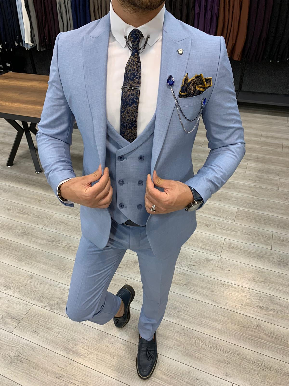 Eros Sky Blue Slim Fit Wool Suit for Every Occasion