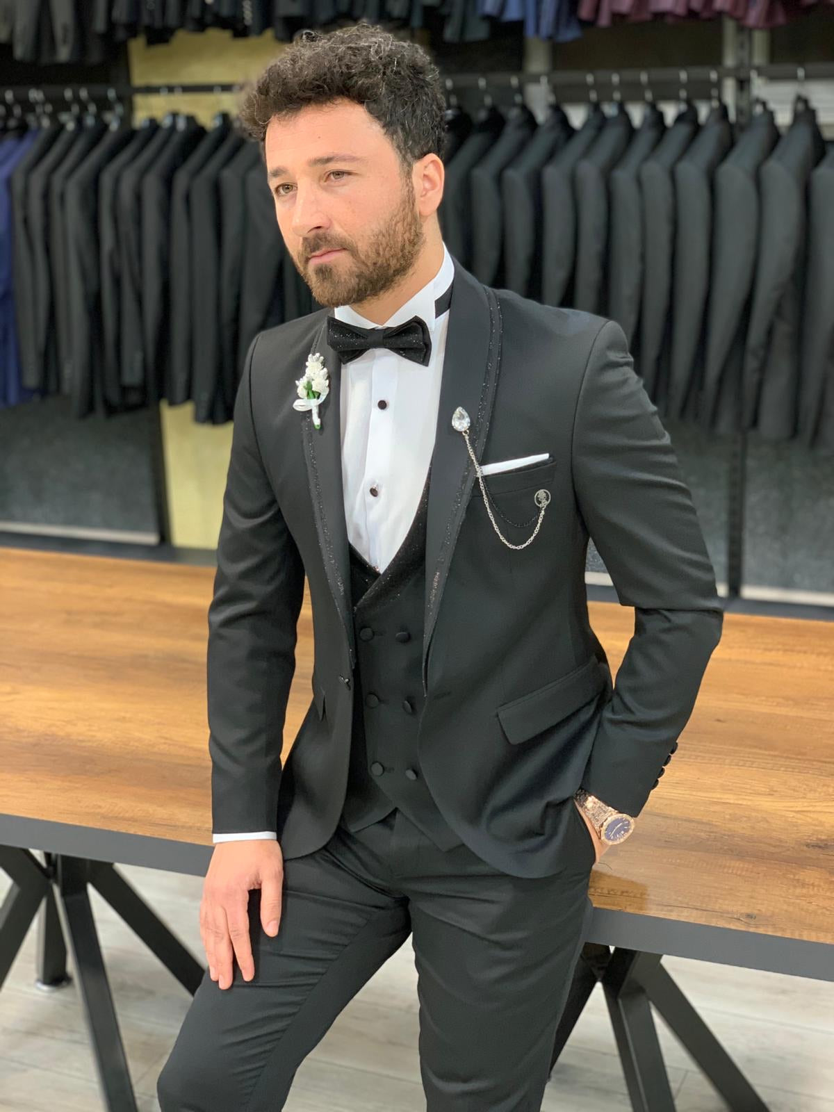 Molalla Black Shawl Lapel Tuxedo - Slim-Fit Elegance for Men