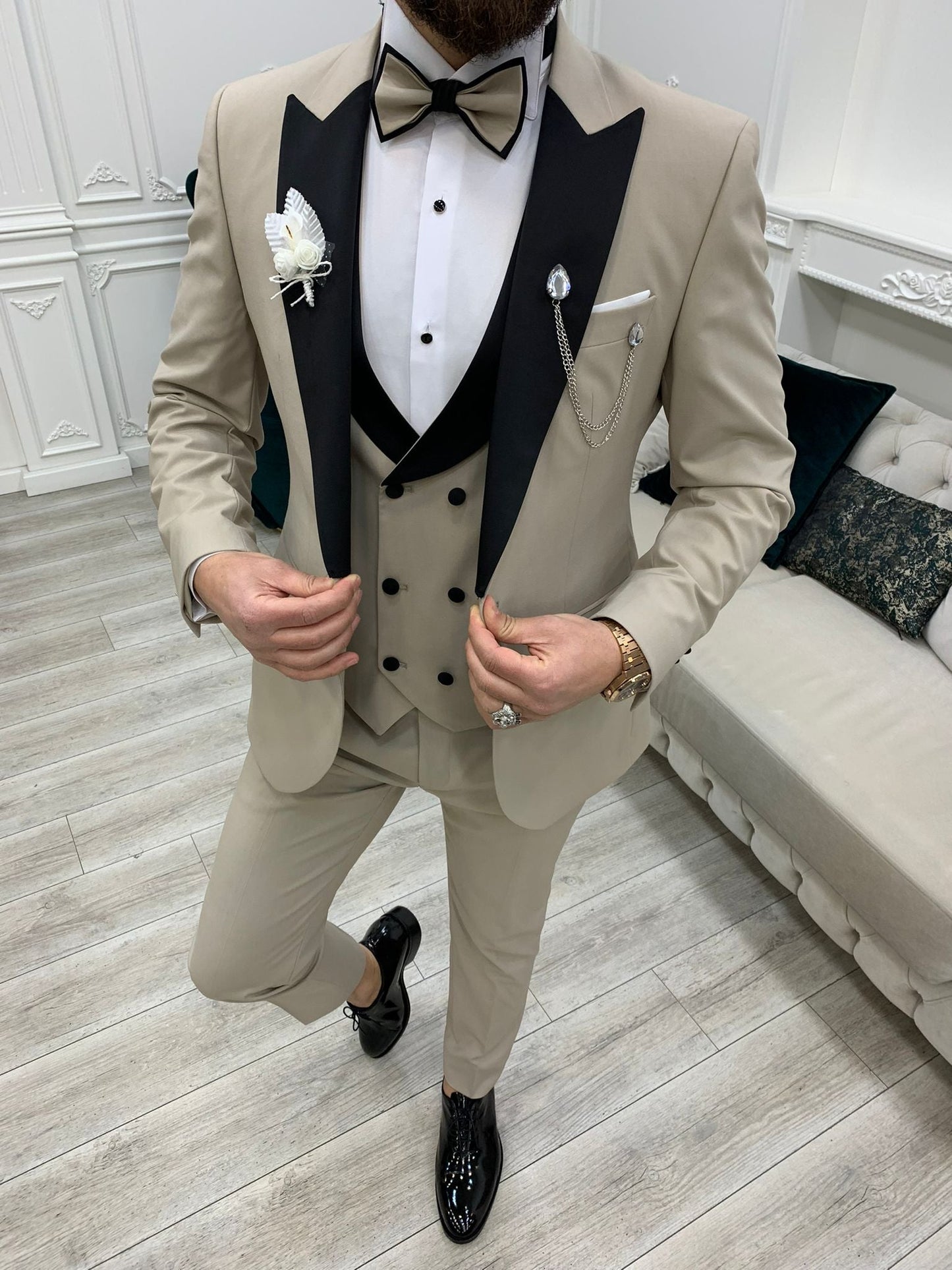 Perris Beige Slim Fit Tuxedo - Elevate Your Formal Style