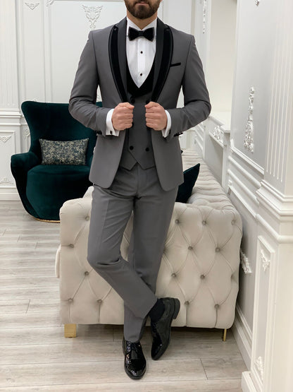 Eden Gray Slim Fit Velvet Satin Shawl Lapel Tuxedo